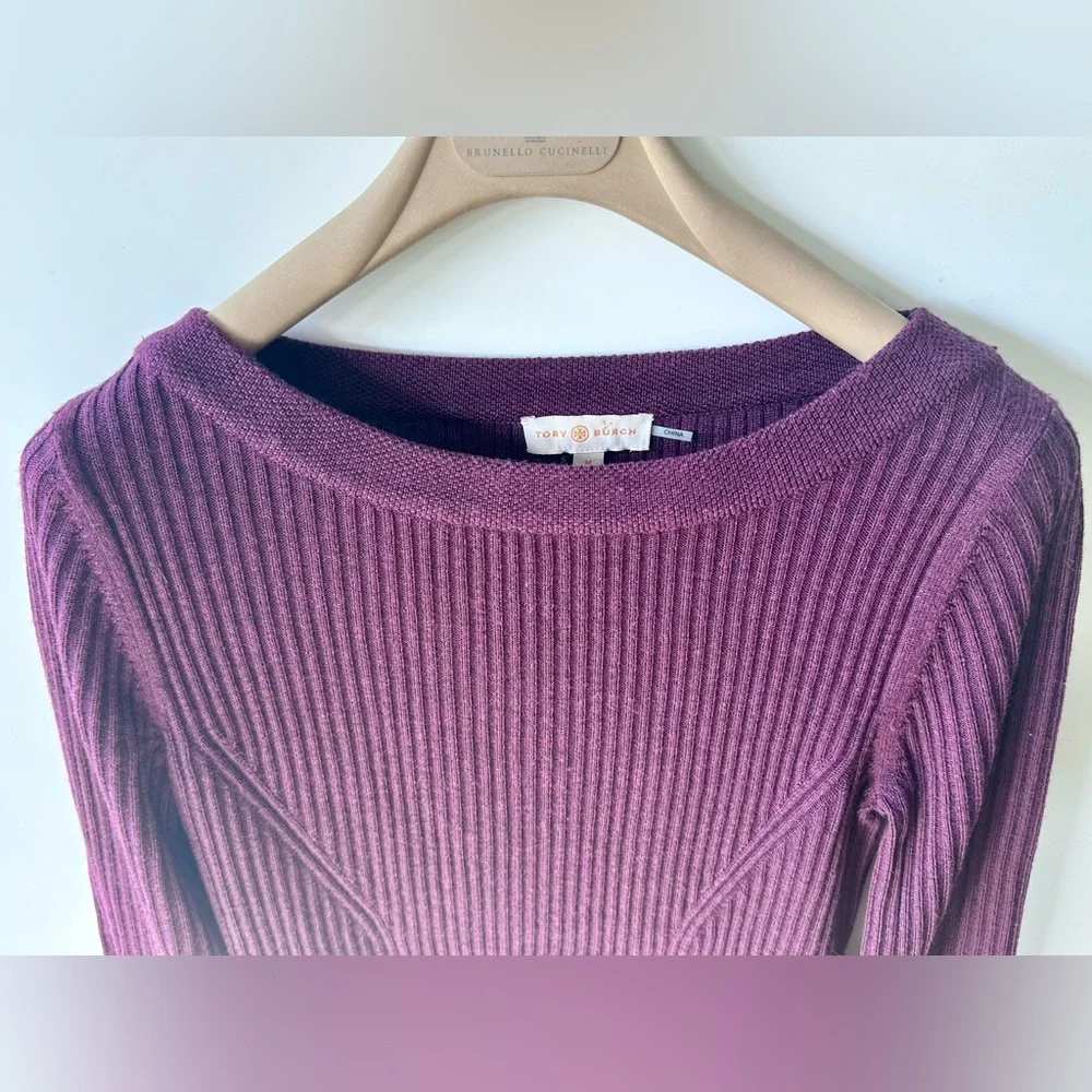 EUC Tory Burch Ramona Merino Peplum Sweater, Plum color, boat neck, size M